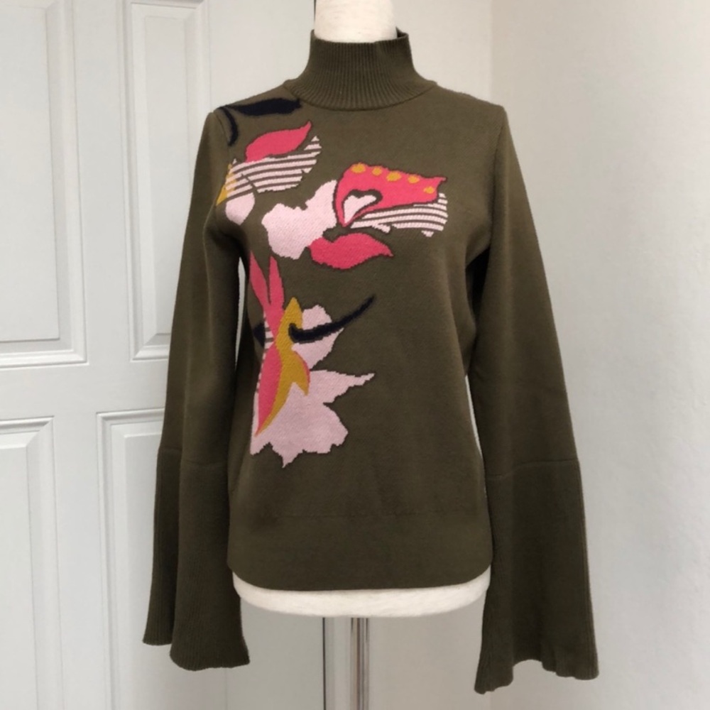 New Anthropologie Knitted & Knotted Retro Green Floral Bell Sleeve Sweater S - Picture 2 of 6